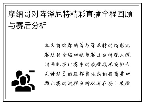 摩纳哥对阵泽尼特精彩直播全程回顾与赛后分析
